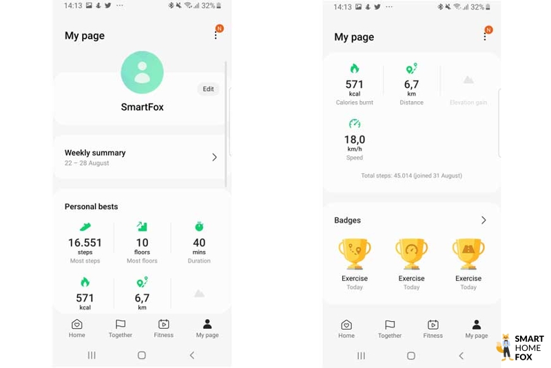 Man sieht das Profil der Samsung Health App.
